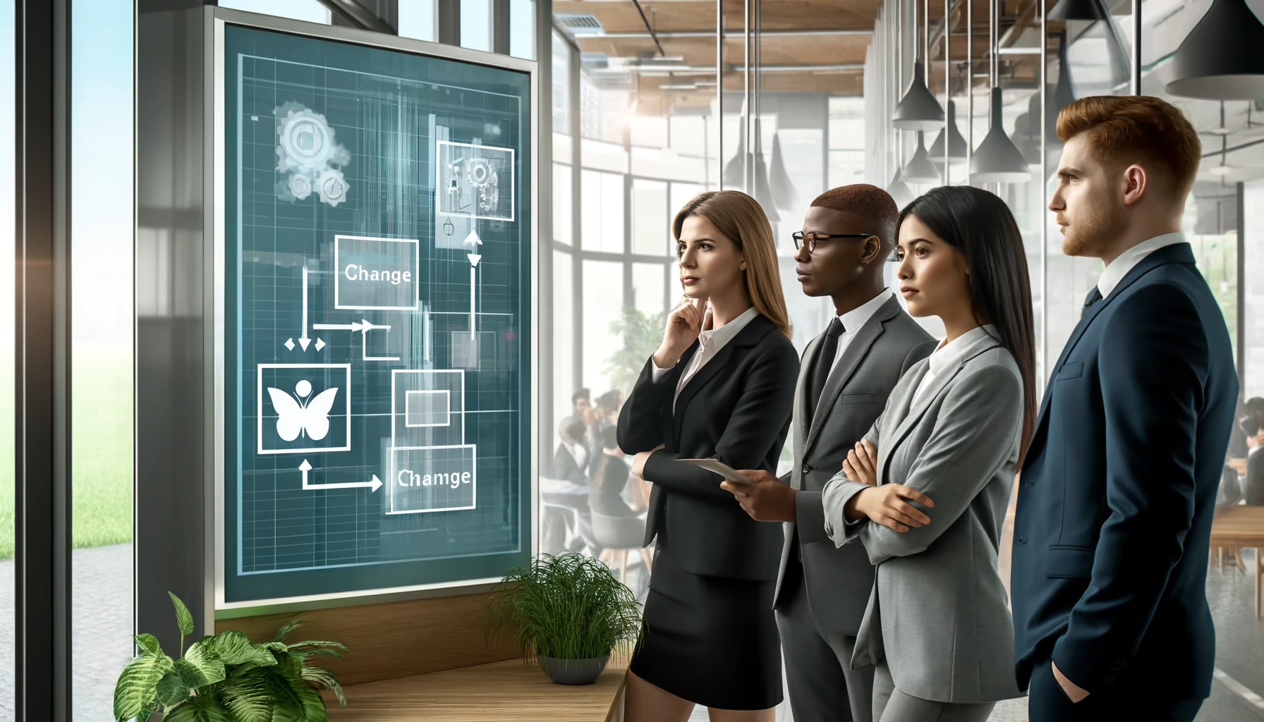 Chg_Mgmt Three business professionals standing side by side looking at a large screen display that says "change" with other various digital graphic squares