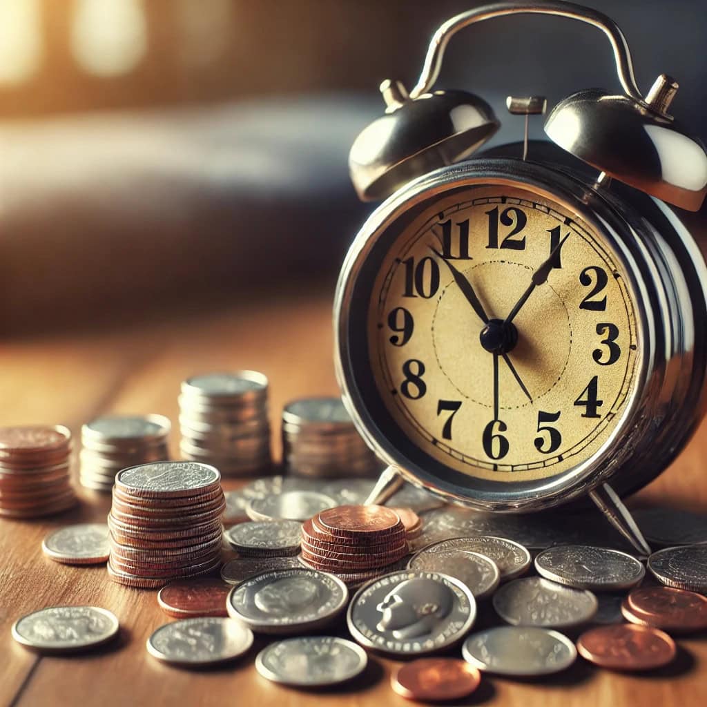 Time-budget4 An old-school alarm clock and stacked coins on desk.