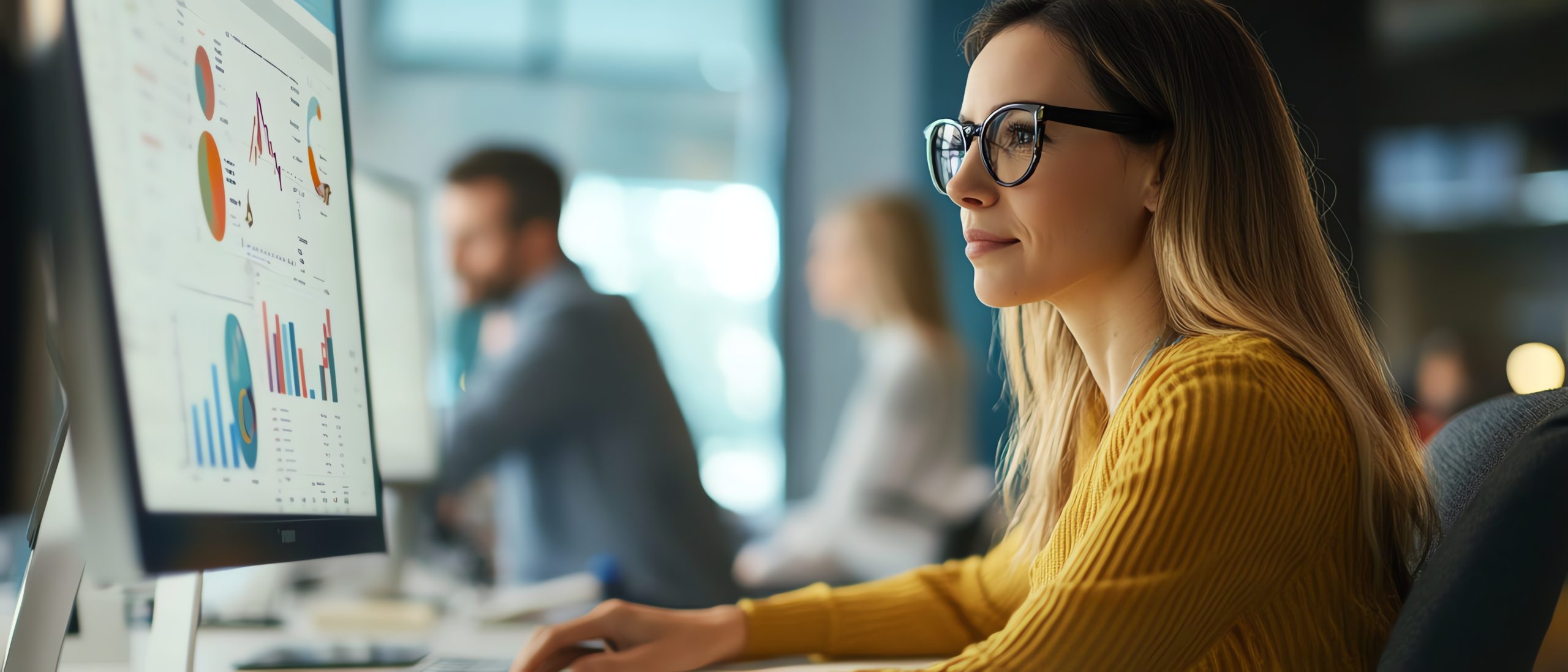 A business woman with glasses on looking at graphs on her desktop computer, seated at a desk in her office with two coworkers doing the same in the distance behind her.